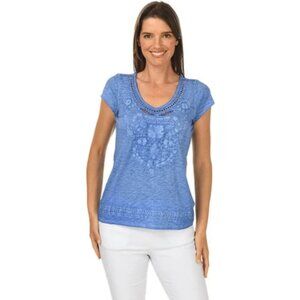 3/$20 Tribal Embroidered VNeck Top Denim Blue Dyed Short Sleeve Womens Large